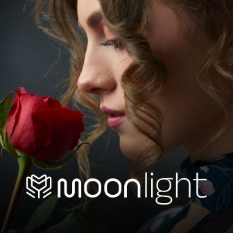 Caso de éxito Moonlight: branding y e-commerce de fragancias Mujer sosteniendo una rosa roja con iluminación tenue y logotipo de Moonlight