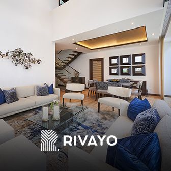 Sala moderna y elegante de un proyecto inmobiliario con logotipo de Rivayo