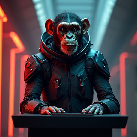 Audiencia receptiva a estrategias digitales Chimpancé futurista con traje negro frente a un podio en un entorno de luces rojas y azules