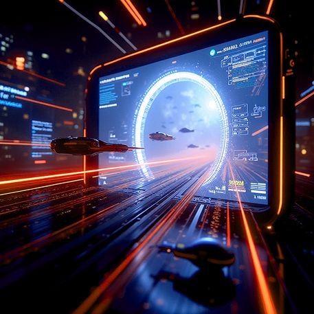 Aumento del tráfico web con estrategias digitales efectivas Pantalla futurista mostrando naves saliendo hacia el espacio simulando tráfico digital