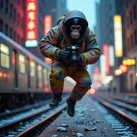 Contenido creativo y auténtico para redes sociales Chimpancé con cámara saltando en una ciudad nocturna representando contenido auténtico