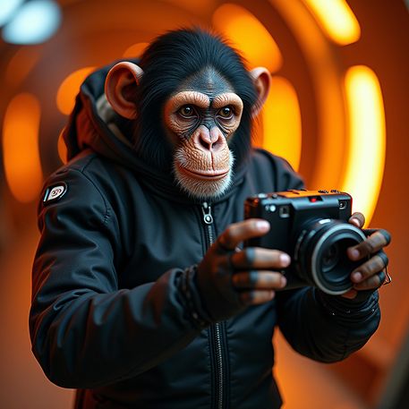 Construcción de credibilidad y confianza en marketing digital Chimpancé digital con cámara representando autenticidad en marketing visual