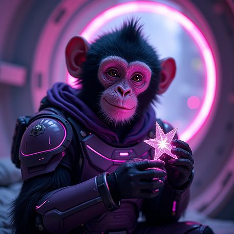 Fidelización de clientes con experiencias digitales únicas Chimpancé futurista sosteniendo una estrella luminosa en ambiente espacial