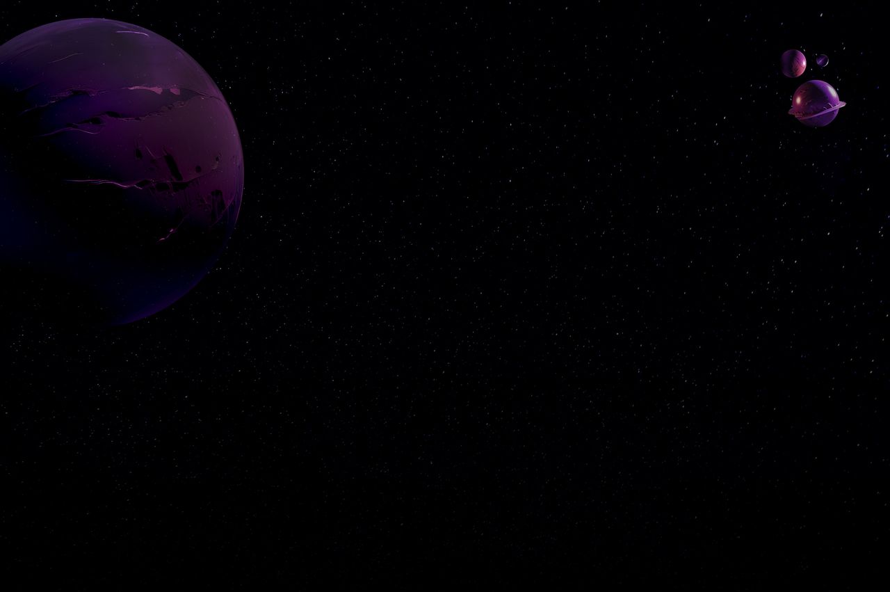 Fondo estelar con planetas para secciones del sitio Monkey Plus Fondo espacial con estrellas y planetas púrpuras sobre un fondo negro