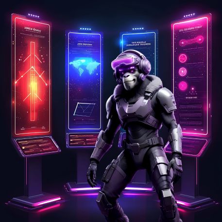 Diseño flexible y adaptable Ilustración futurista de mono digital frente a paneles holográficos representando flexibilidad en diseño web