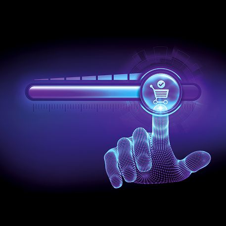 Incremento en las ventas gracias a estrategias digitales Mano digital presionando botón de compra con efecto futurista azul