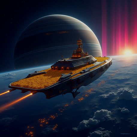 Mayor retorno de inversión en campañas digitales Nave espacial futurista sobrevolando un planeta con anillos iluminados y superficie dorada