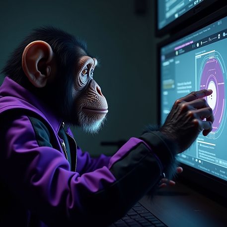 Mejora en la tasa de conversión mediante optimización digital Chimpancé observando pantallas holográficas analizando datos de conversión
