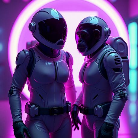 Fortalecimiento de la relación con clientes mediante tecnología Dos figuras espaciales con cascos y trajes futuristas interactuando en un entorno de luz púrpura