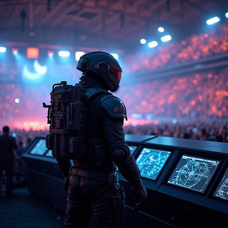 Visibilidad y alcance segmentado en campañas digitales Figura futurista con casco observando pantallas en una sala llena de público