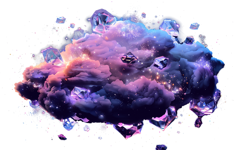 Nube cósmica con destellos y cristales representando creatividad digital