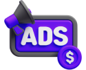 Gestión de campañas ADS y marketing digital Icono 3D púrpura con letrero de ADS y símbolo de dólar