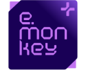 Logotipo de E-Monkey Logotipo púrpura de E-Monkey, motor de comercio electrónico desarrollado por Monkey Plus