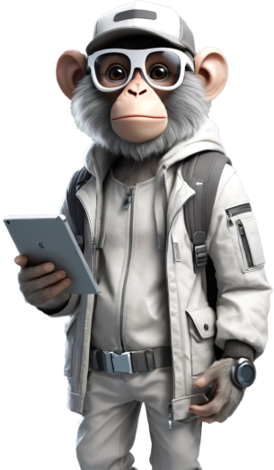 Explorador digital de diseño creativo Ilustración de mono con tablet representando el área de diseño y branding