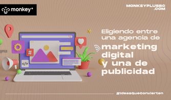 Eligiendo entre una agencia de marketing digital y una de publicidad Laptop con íconos digitales comparando marketing digital y publicidad