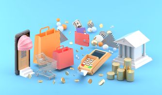 Concepto digital de e-commerce y pagos Ilustración 3D con bolsas de compra, carrito y terminal de pago