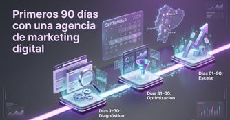 primeros-90-dias-agencia-marketing-digital-monkey-plus Línea de tiempo de los primeros 90 días con una agencia de marketing digital en Ecuador: días 1–30 diagnóstico, días 31–60 optimización y días 61–90 escalar resultados.