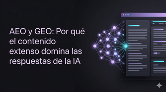 Ilustración tecnológica premium que presenta el texto del título "AEO y GEO: Por qué el contenido extenso domina las respuestas de la IA" en una tipografía sans-serif moderna sobre un fondo oscuro. A la derecha, una red geométrica de nodos violetas brillantes se conecta a una interfaz de navegador web futurista que muestra secciones de contenido estructurado con acentos de luz cian y púrpura, simbolizando la optimización de contenido para motores generativos de IA.