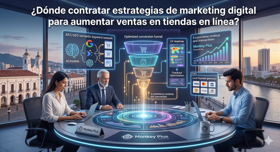 Agencia Monkey Plus implementando estrategias avanzadas para aumentar ventas en e-commerce. 