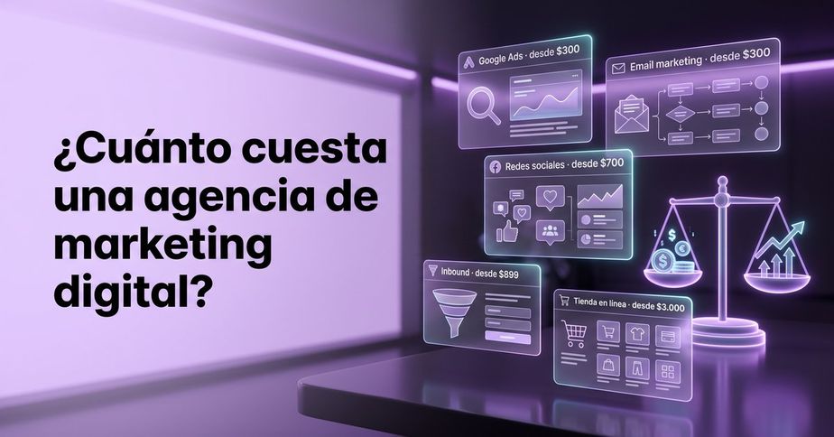Precios de una agencia de marketing digital por servicio en 2026: pauta y email desde $300, redes sociales desde $700, inbound desde $899 y tienda en línea desde $3.000.
