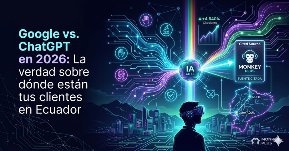 Comparativa de visibilidad entre Google y ChatGPT para empresas en Ecuador por Monkey Plus.