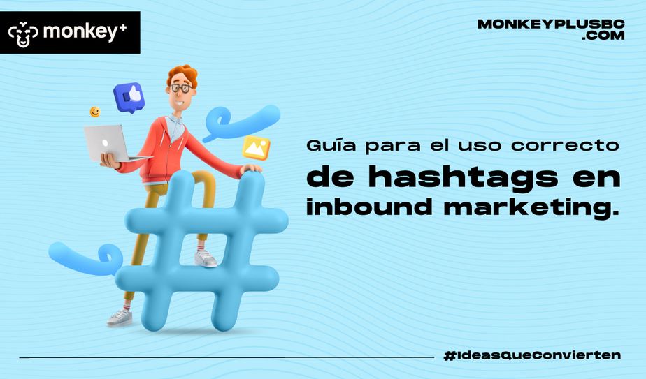 Ilustración de persona con laptop y símbolo de hashtag gigante representando inbound marketing