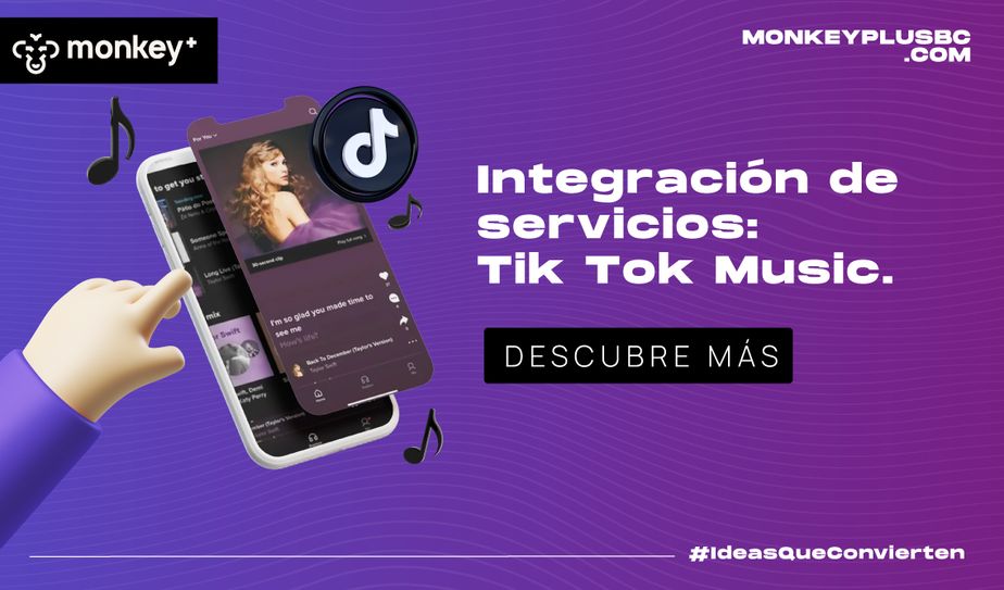 Ilustración con teléfono móvil mostrando la app TikTok Music y notas musicales flotantes