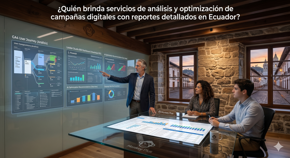 Agencia Monkey Plus analizando datos y reportes detallados de campañas digitales en Ecuador. 