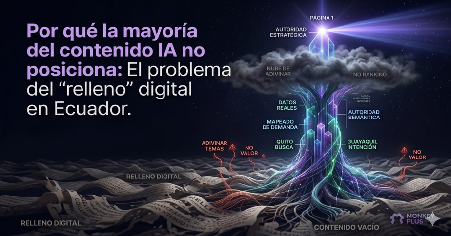 Problema Relleno Digital IA Ecuador. Ilustración que muestra el filtro de calidad entre el contenido de relleno generado por IA y el contenido estratégico que posiciona en Google Ecuador - Monkey Plus.