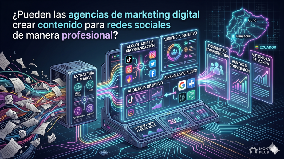 Equipo de Monkey Plus diseñando una estrategia de contenido profesional para redes sociales en Ecuador.