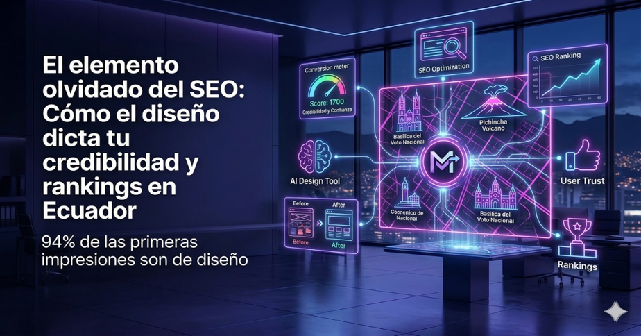 Diseño Web Credibilidad SEO Ecuador. Gráfico que muestra la conexión entre un diseño web profesional y el aumento de autoridad en los motores de búsqueda en Ecuador - Monkey Plus.