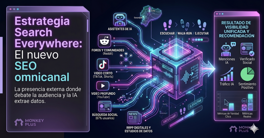 estrategia-search-everywhere-ecosistema Esquema de la estrategia Search Everywhere que integra redes sociales como buscadores y canales digitales para mejorar la visibilidad en IA.