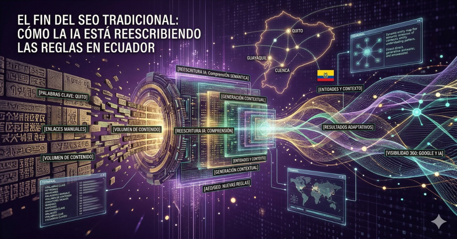 El Fin del SEO Tradicional y la IA. Representación de la transición del SEO tradicional a la búsqueda generativa impulsada por IA en Ecuador - Monkey Plus.