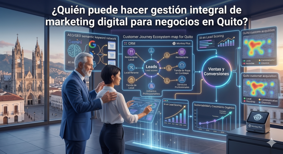 Equipo de Monkey Plus realizando gestión integral de marketing digital para empresas en Quito 