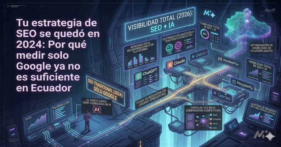 Gráfico de la Triple Corona del SEO 2026: Integración de Google (SEO), Perplexity (GEO) y ChatGPT (AEO) para el mercado de Ecuador - Monkey Plus.