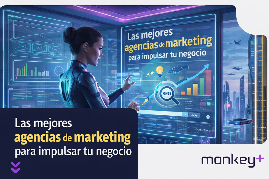 Las mejores agencias de marketing para impulsar tu negocio Ilustración futurista sobre las mejores agencias de marketing impulsando el crecimiento de un negocio con estrategias digitales y SEO