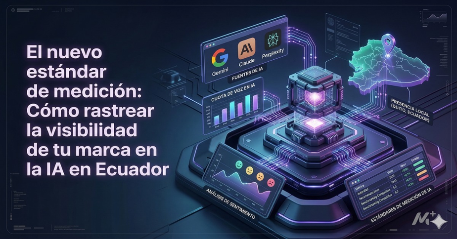 Dashboard de métricas avanzadas rastreando el "share of voice" de una marca dentro de modelos de IA para el mercado de Ecuador - Monkey Plus.