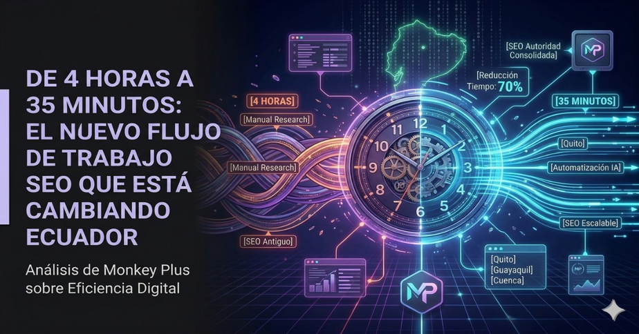 Flujo de Trabajo SEO IA 35 Minutos. Gráfico del nuevo flujo de trabajo SEO con IA de 35 minutos para empresas en Ecuador - Monkey Plus.